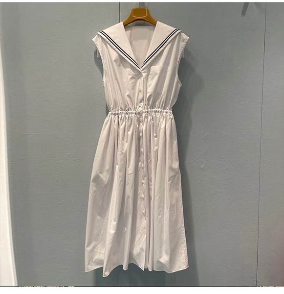 Vestido branco da Marinha sem mangas no calcanhar do colégio do estilo da garota doce do verão novo