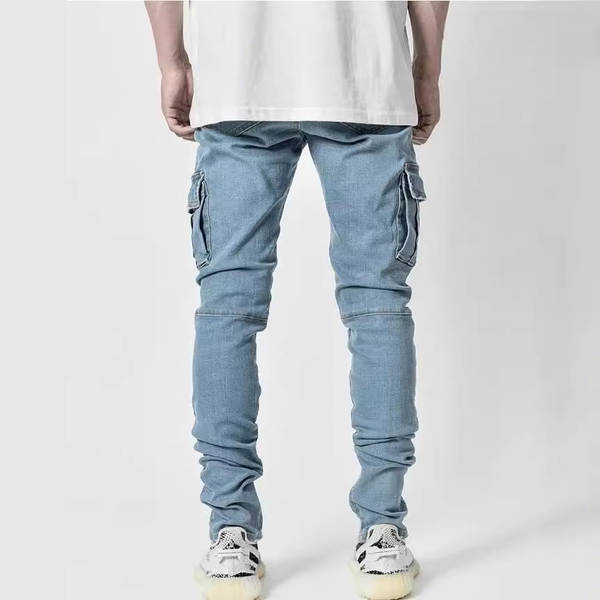 2026 Euro-americano transfronteiriço novo jeans masculino bolso lateral pequeno pé apertado jeans