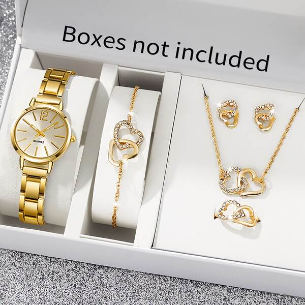 6 conjuntos de relógios femininos elegantes e elegantes + colares em forma de coração, anéis, orelhas e pulseiras