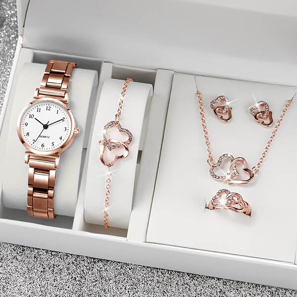 6 conjuntos de relógios femininos elegantes e elegantes + colares em forma de coração, anéis, orelhas e pulseiras