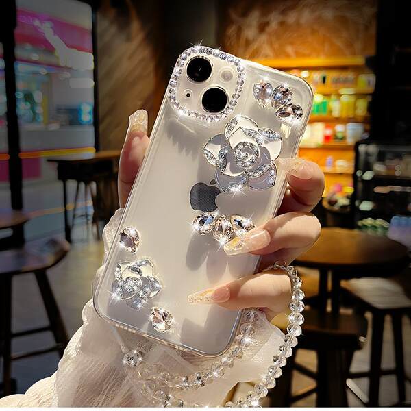 Aplicável à Apple 17promax telemóvel casca de água de luxo diamante flor de chá criativo iPhone16 novo conjunto transparente 15
