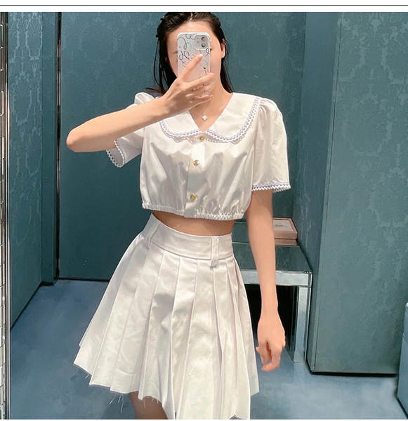 Miu Mu branco curta-metragem boneca colar colarinho doce camisa doce colar doce do verão 2024