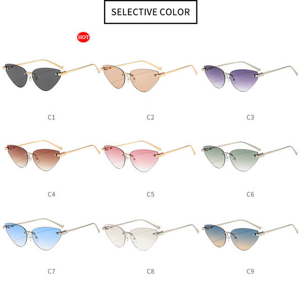 Óculos de sol triangular sem armação estilo europeu americano, lente cinza, proteção UV, óculos escuros feminino trendy