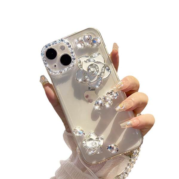 Aplicável à Apple 17promax telemóvel casca de água de luxo diamante flor de chá criativo iPhone16 novo conjunto transparente 15