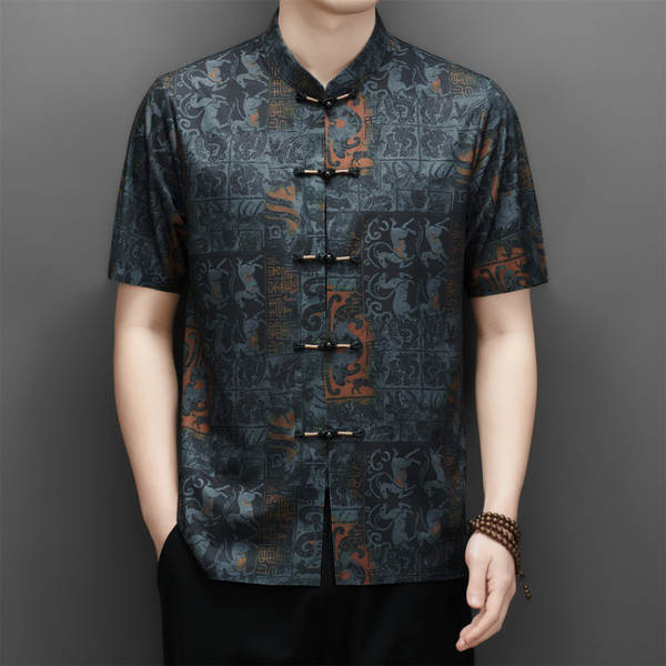 2026 verão velho homem chinês pai vestido de chinês velho de mãos curtas homem vestido de estilo nacional camisa masculina
