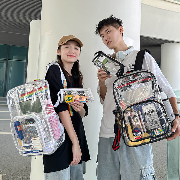 Amazon Transboundary Supply Transparente backpack pvc duplo ombro saco pvc saco grande capacidade saco estudante
