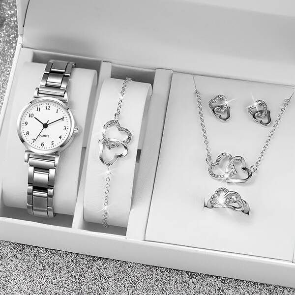 6 conjuntos de relógios femininos elegantes e elegantes + colares em forma de coração, anéis, orelhas e pulseiras