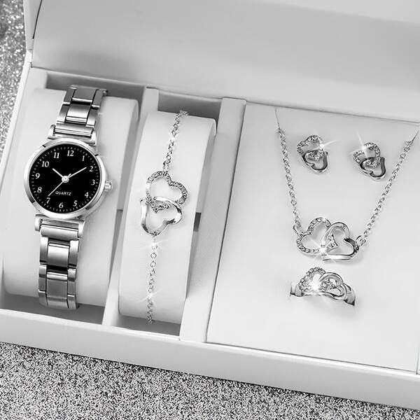 6 conjuntos de relógios femininos elegantes e elegantes + colares em forma de coração, anéis, orelhas e pulseiras
