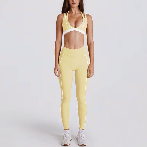 Férias transfronteiriças dois pedaços de cor branca corrida calças de fitness V colar de pescoço esportes roupas íntimas peito yoga roupa de roupa