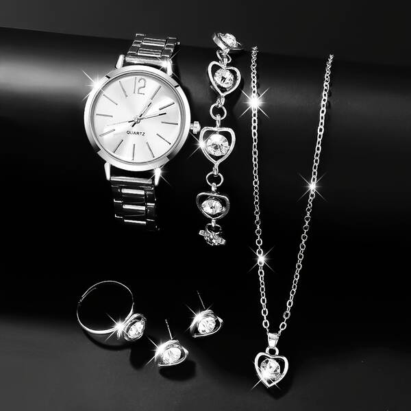 6 conjuntos de relógios femininos elegantes e elegantes + colares em forma de coração, anéis, orelhas e pulseiras