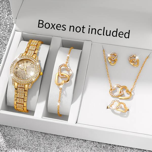 6 conjuntos de relógios femininos elegantes e elegantes + colares em forma de coração, anéis, orelhas e pulseiras
