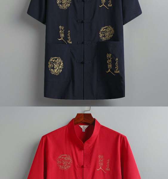 Camisa curta masculina de seda com dragão