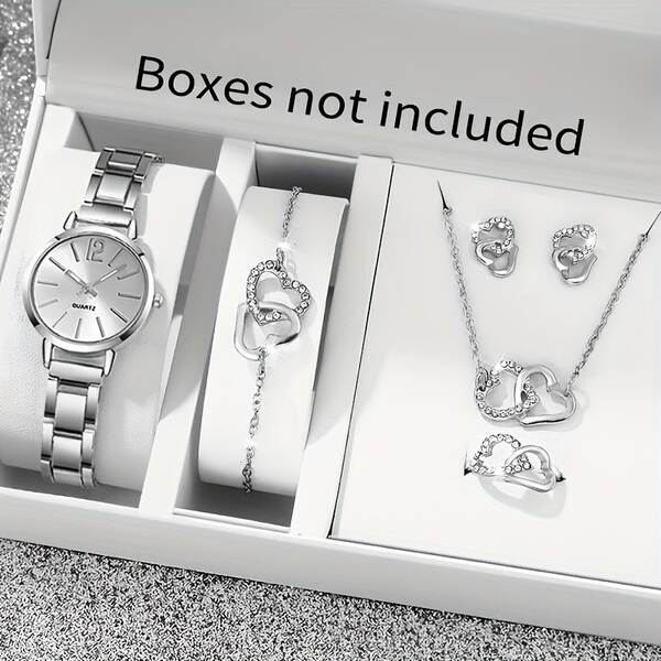 6 conjuntos de relógios femininos elegantes e elegantes + colares em forma de coração, anéis, orelhas e pulseiras