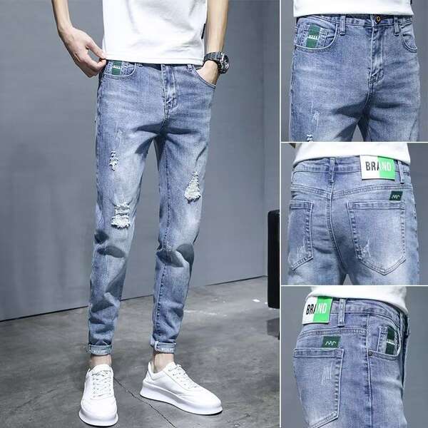 2025 Novo jeans masculino verão coreano coroado Pequenas pernas Longas calças masculinas elegantes calças de descanso flexíveis