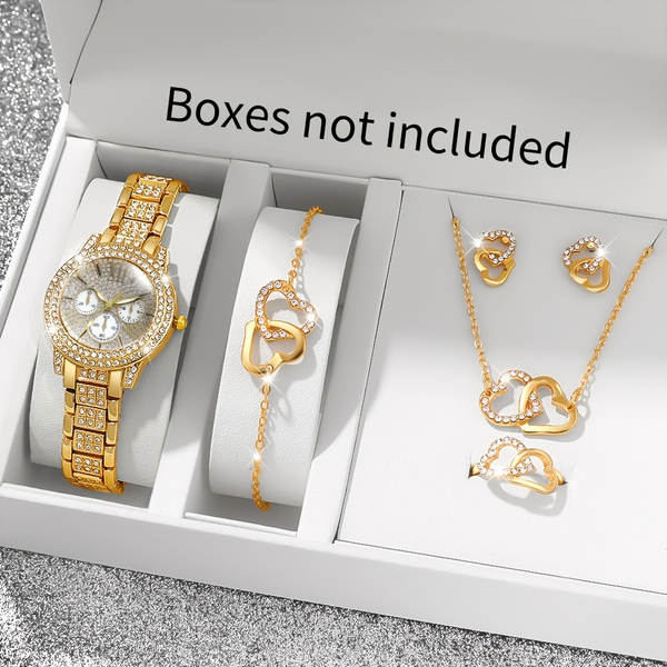 6 conjuntos de relógios femininos elegantes e elegantes + colares em forma de coração, anéis, orelhas e pulseiras