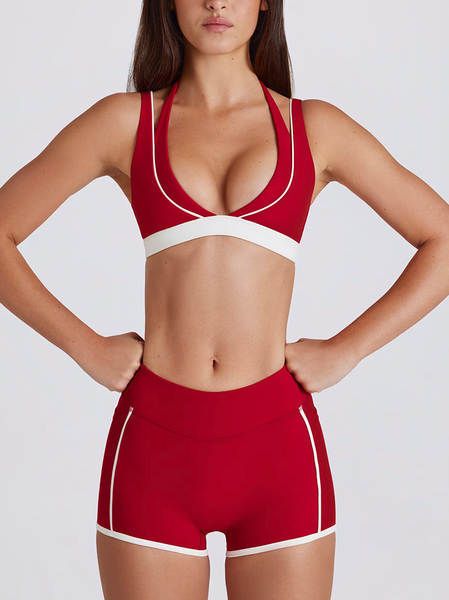 Férias transfronteiriças dois pedaços de cor branca corrida calças de fitness V colar de pescoço esportes roupas íntimas peito yoga roupa de roupa