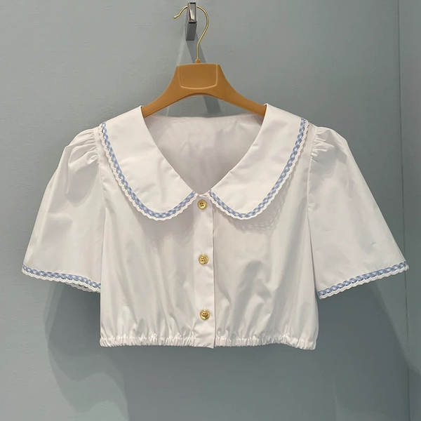 Miu Mu branco curta-metragem boneca colar colarinho doce camisa doce colar doce do verão 2024