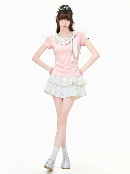 Camisa feminina curta rosa com bolinhas e laço