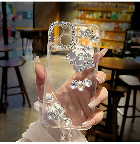 Aplicável à Apple 17promax telemóvel casca de água de luxo diamante flor de chá criativo iPhone16 novo conjunto transparente 15