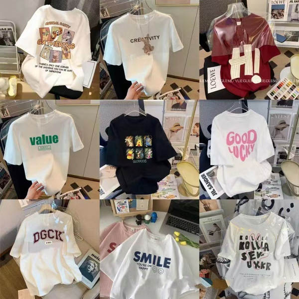 1688 Vestuário de estoque Verão Coréia T-shirt de manga curta para mulheres Vestuário de dois dólares Alibaba rede de atacado