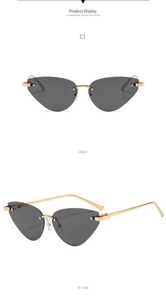 Óculos de sol triangular sem armação estilo europeu americano, lente cinza, proteção UV, óculos escuros feminino trendy