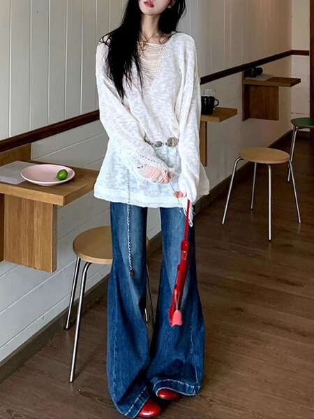 Roupa azul feminina do outono y2k do milênio americano de baixa cintura
