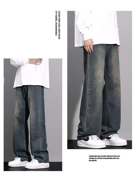 Americano vintage fazer jeans velhos homens relaxante calças retas de pernas largas calças adolescentes tendência high street casual calças longas