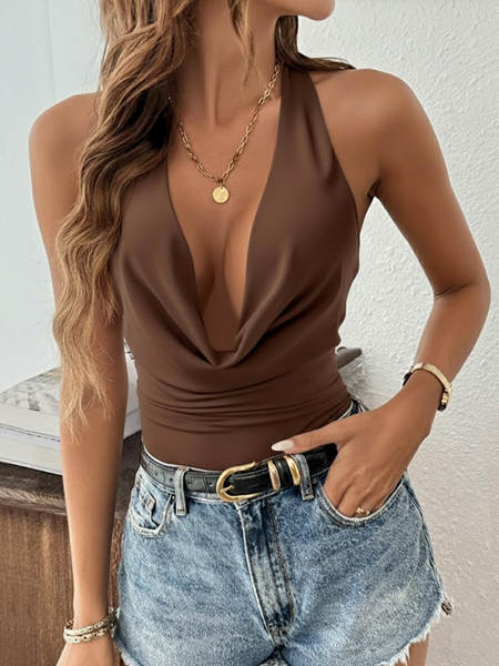 Amazon transfronteiriça Europa-EUA 2026 novo verão de cor pura cintura sexy colar sem mangas colar colar roupas femininas