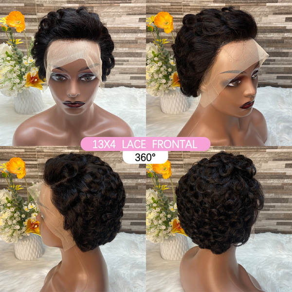 Peruca pixie cut choima 13x4 pequena fada cachos curtos cabelo humano frontal renda