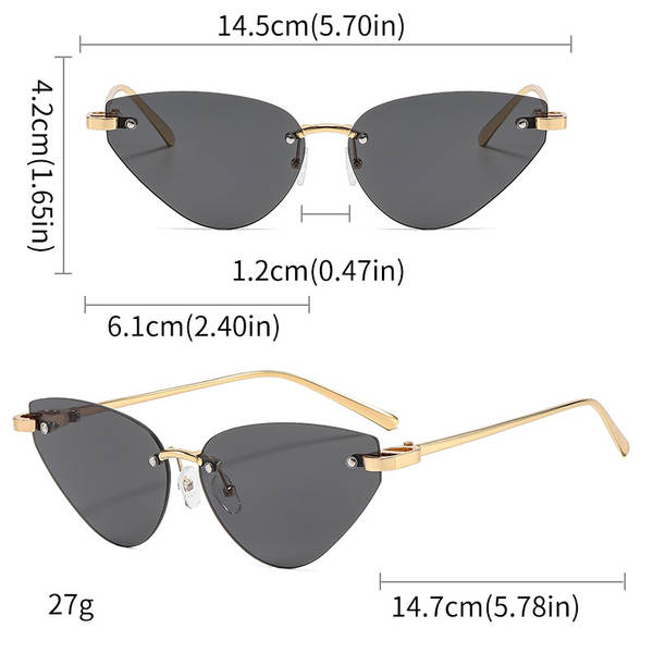 Óculos de sol triangular sem armação estilo europeu americano, lente cinza, proteção UV, óculos escuros feminino trendy