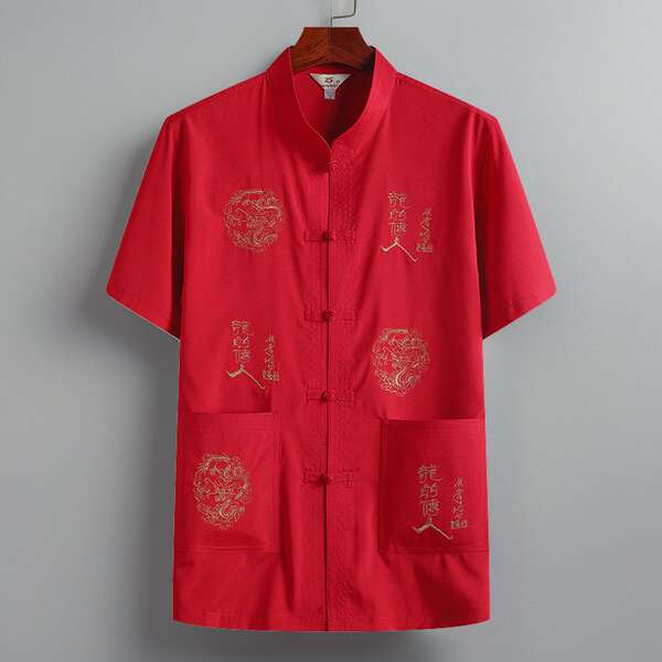 Camisa curta masculina de seda com dragão