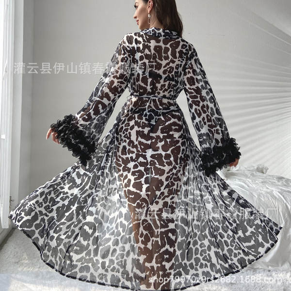Roupa de dormir feminina de manga longa e curta com estampa de leopardo