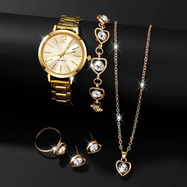 6 conjuntos de relógios femininos elegantes e elegantes + colares em forma de coração, anéis, orelhas e pulseiras