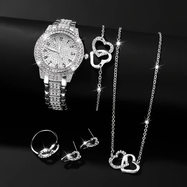 6 conjuntos de relógios femininos elegantes e elegantes + colares em forma de coração, anéis, orelhas e pulseiras