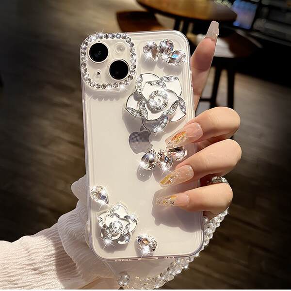 Aplicável à Apple 17promax telemóvel casca de água de luxo diamante flor de chá criativo iPhone16 novo conjunto transparente 15