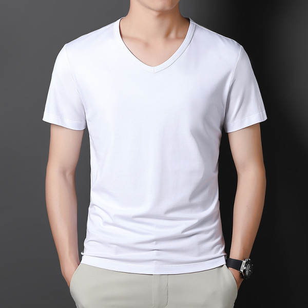 Modelo de algodão gelado masculino T-shirt 2024 novo verão puro V-shirt de alta qualidade T-shirt masculino