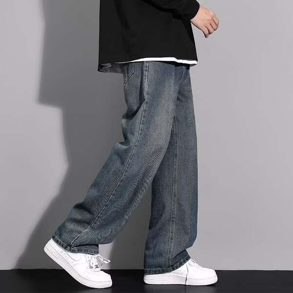 Americano vintage fazer jeans velhos homens relaxante calças retas de pernas largas calças adolescentes tendência high street casual calças longas