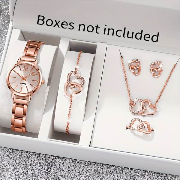 6 conjuntos de relógios femininos elegantes e elegantes + colares em forma de coração, anéis, orelhas e pulseiras