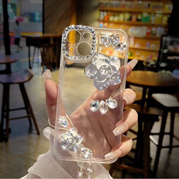 Aplicável à Apple 17promax telemóvel casca de água de luxo diamante flor de chá criativo iPhone16 novo conjunto transparente 15