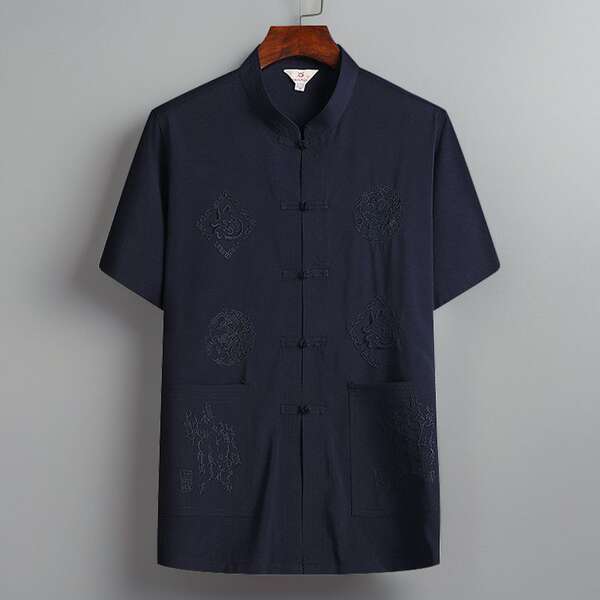 Camisa curta masculina de seda com dragão