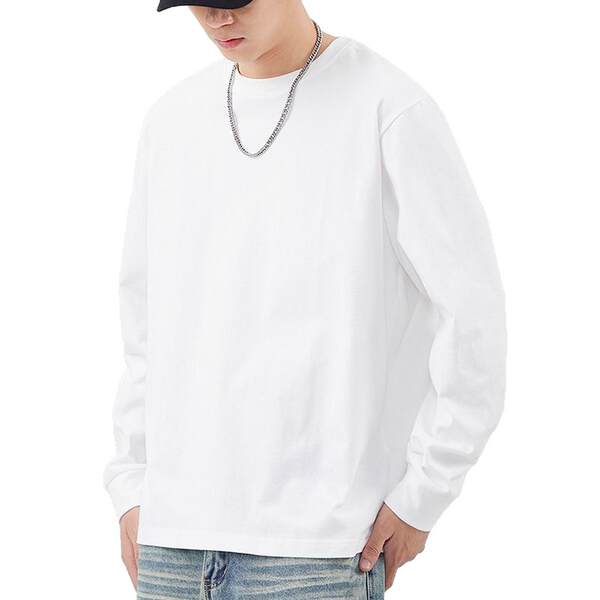 250 gramas peso peso pesado japonês solto algodão puro mangas compridas T-shirt masculino e feminino estilo sem costura colar branco T-shirt
