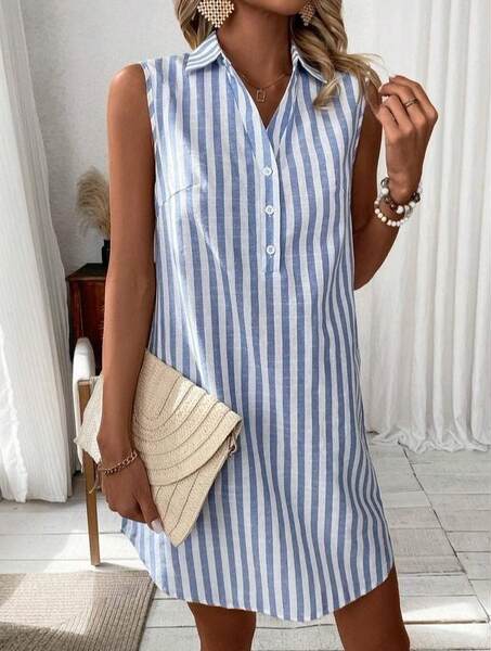 2025 União Europeia e EUA Comércio Exterior Transfronteiriço extremamente sem mangas V botão corda camisa vestido de moda casual feminino