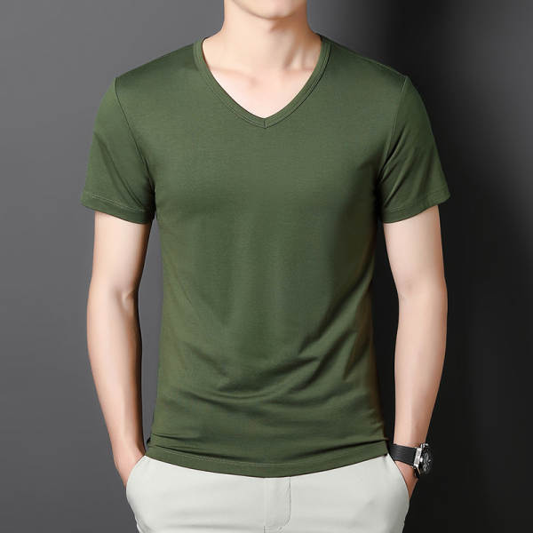 Modelo de algodão gelado masculino T-shirt 2024 novo verão puro V-shirt de alta qualidade T-shirt masculino