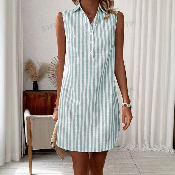 2025 União Europeia e EUA Comércio Exterior Transfronteiriço extremamente sem mangas V botão corda camisa vestido de moda casual feminino