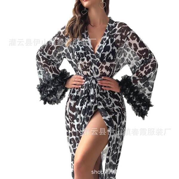 Roupa de dormir feminina de manga longa e curta com estampa de leopardo