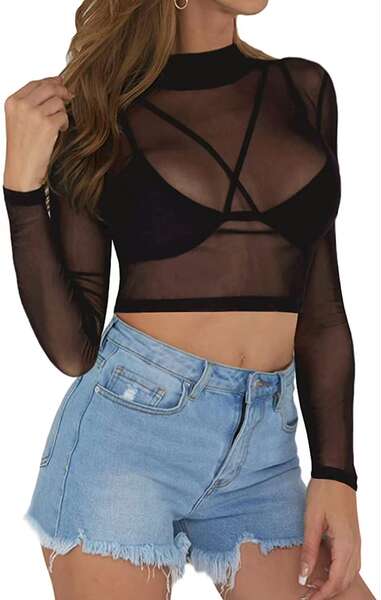 Camiseta feminina de malha transparente