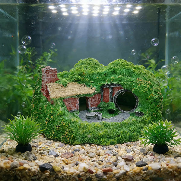 Transfronteiras aquecedor de peixes paisagem decoração de grama casa de resina imitação de grama casa de grama casa de aquário artesanato peças