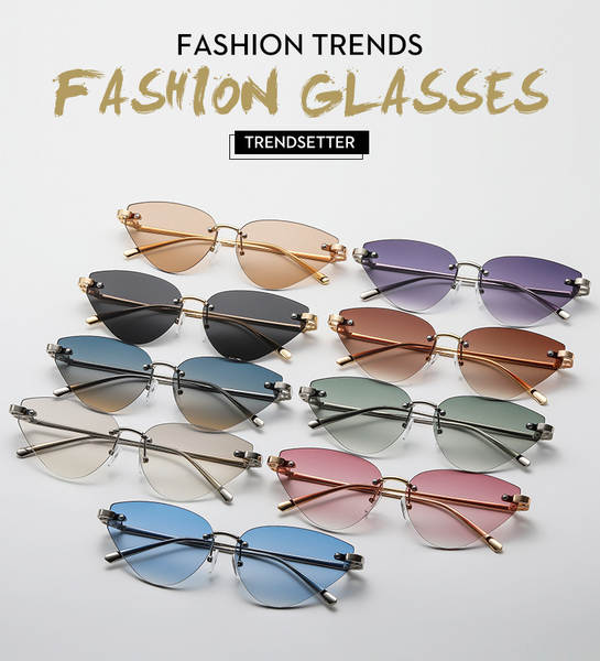 Óculos de sol triangular sem armação estilo europeu americano, lente cinza, proteção UV, óculos escuros feminino trendy