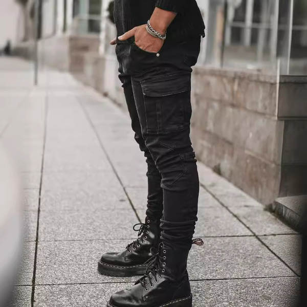 2026 Euro-americano transfronteiriço novo jeans masculino bolso lateral pequeno pé apertado jeans