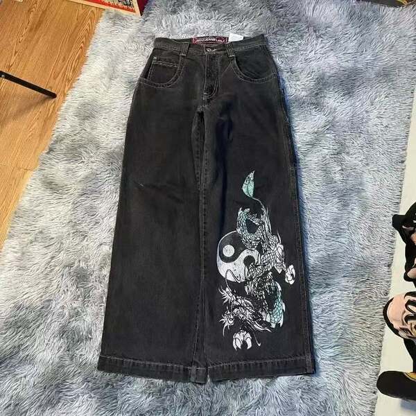 Transfronteiras JNCO Y2K Loose jeans masculino padrão hip-hop rua home homem calças largas